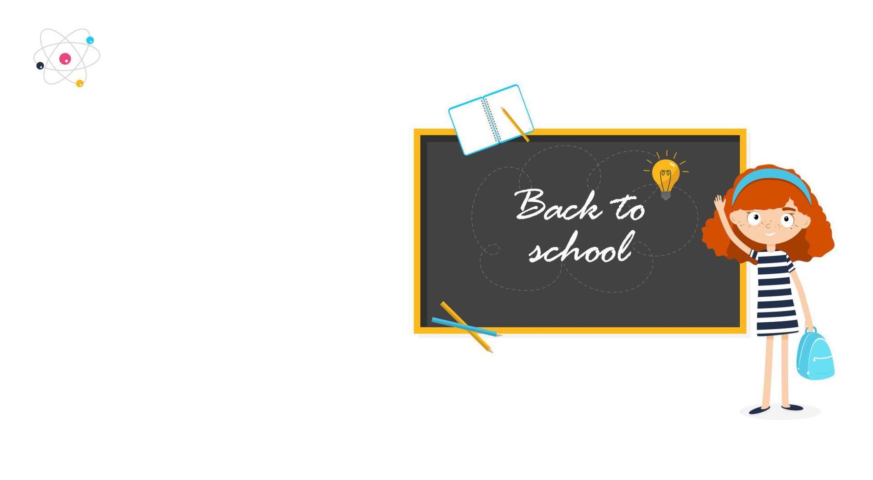 Vector banner back to school concept. Girl with the chalkboard isolated on the white background