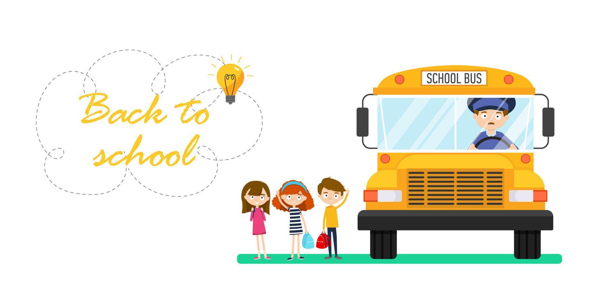 School bus with driver and children isolated on the white background. Back-to-school concept. Vector illustration