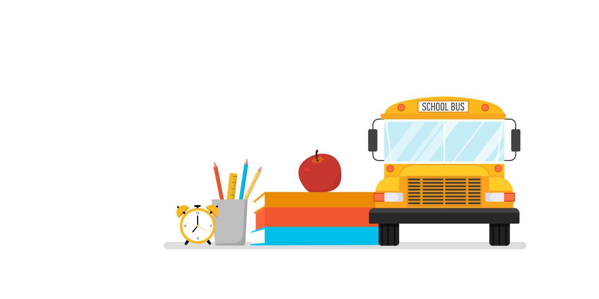 School bus with books, alarm, apple, and pencils isolated on the white background. Back-to-school concept. Vector banner, copy space