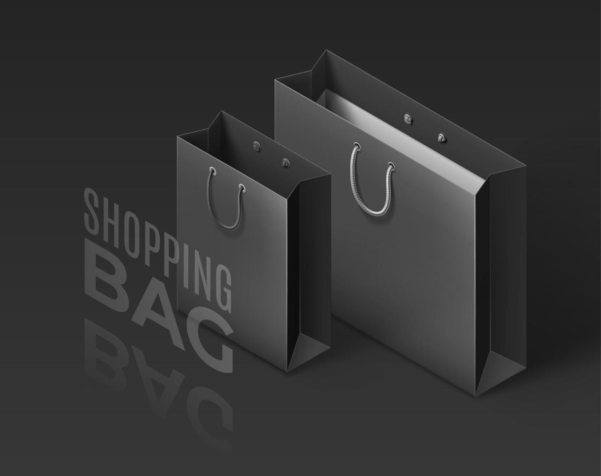 Vector illustration with realistic shopping bag different size on dark background. 3D isometric icons. Template for Black Friday sale banner, discount flyer, poster, ad.