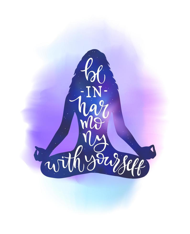 Silhouette of girl in padmasan with space inside on isolated watercolor background. Illustration with lettering for International Yoga Day. Vector template for print, shirt, sticker, banner, poster.