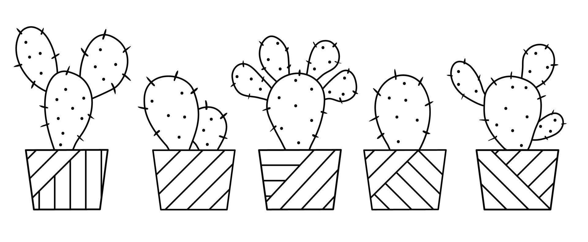 Set of Doodle Cactuses in Flowerpots Graphic Prickly Cacti Lineart vector
