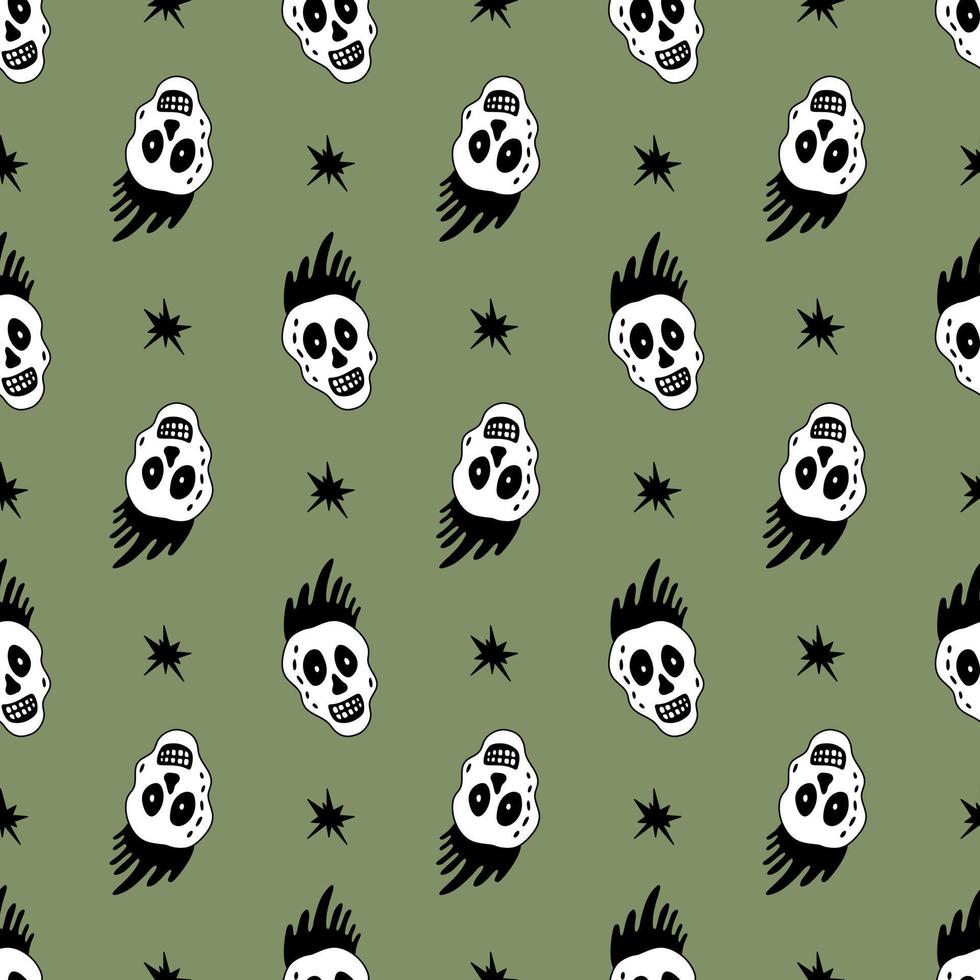 Seamless Pattern with Smiling Skull and Star Rock Music Background Doodle Style vector