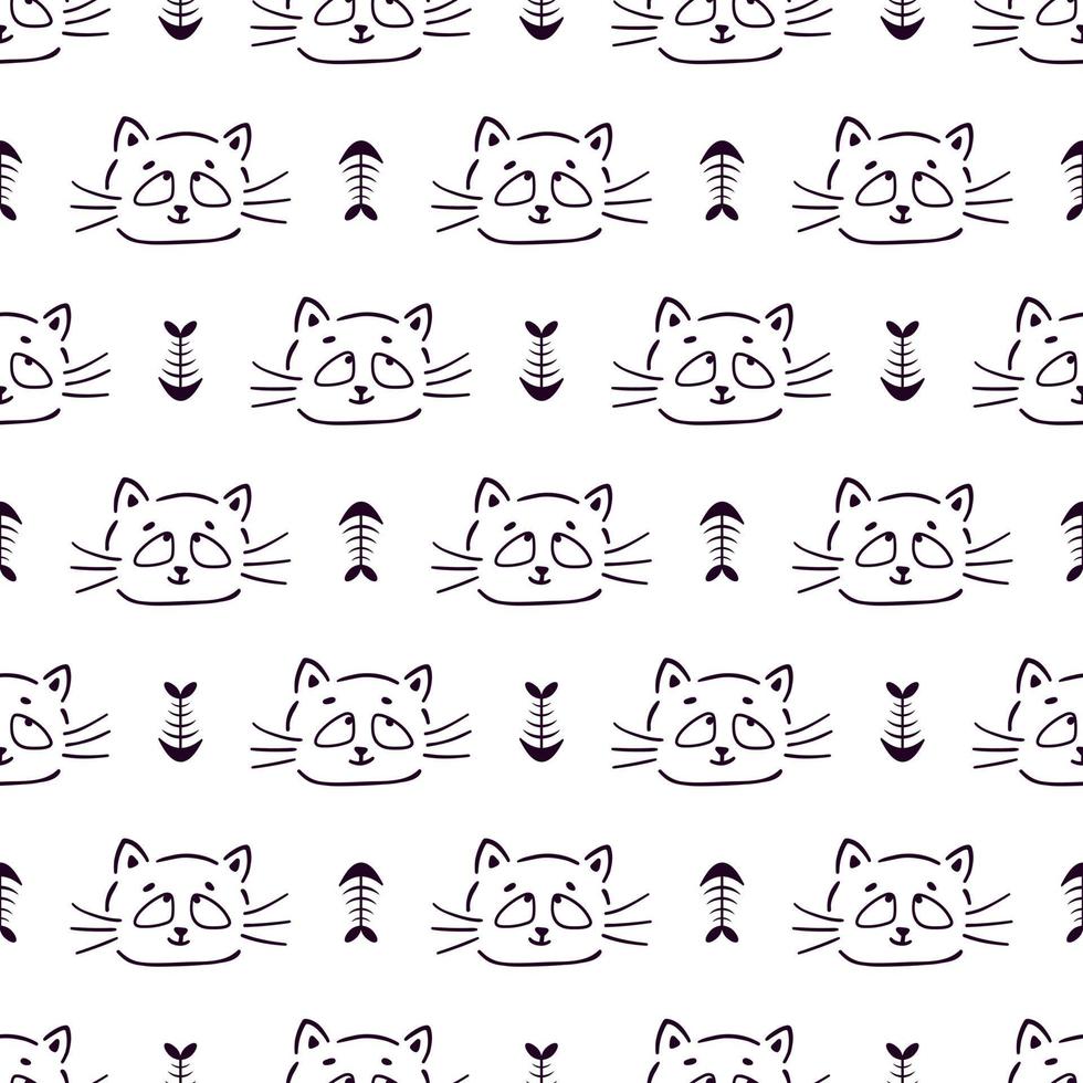 Seamless Pattern with Cat Face and Fish Skeleton Cute Kid Background Doodle Style vector
