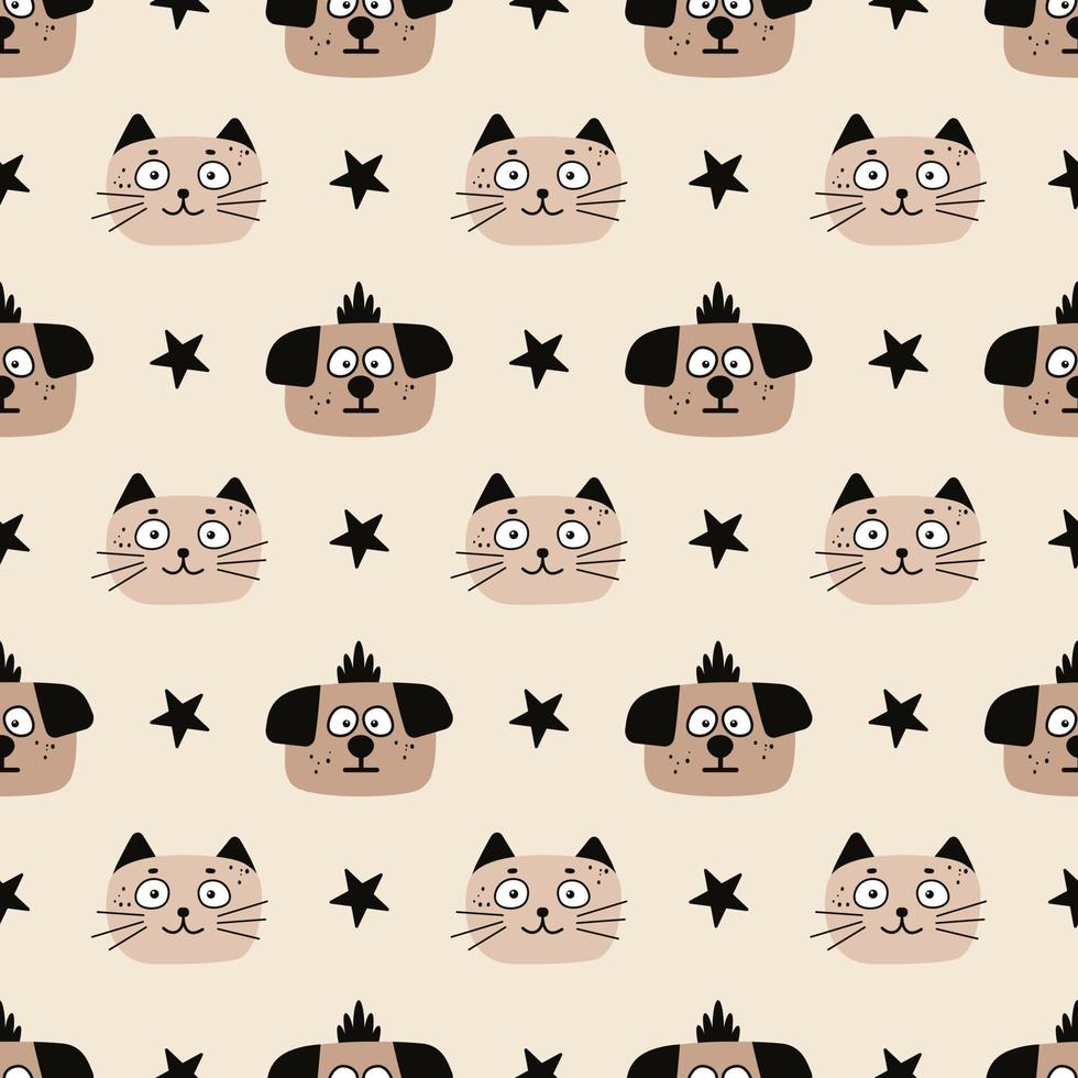 Seamless Pattern with Cute Thoughtful Puppy and Smiling Cat Childish Funny Background vector