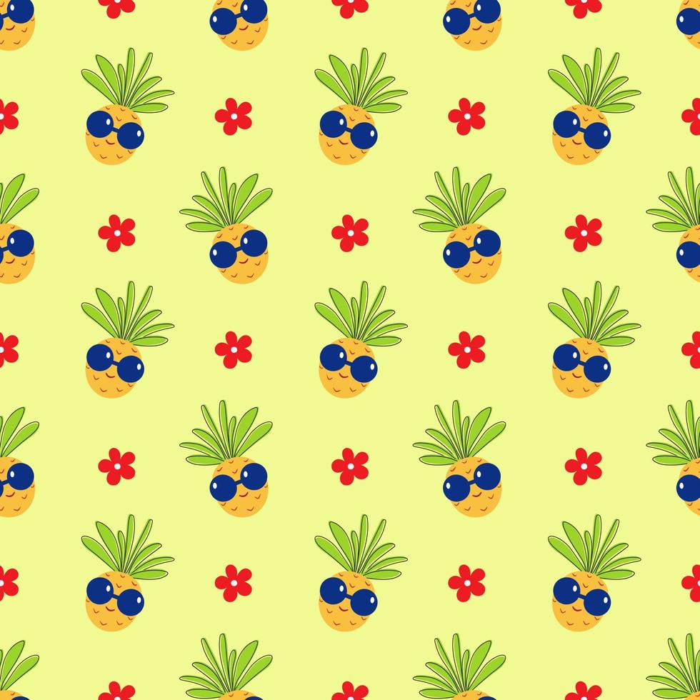 Colorful Pineapple Seamless Pattern Summer Background with Smiling Ananas and Flower vector