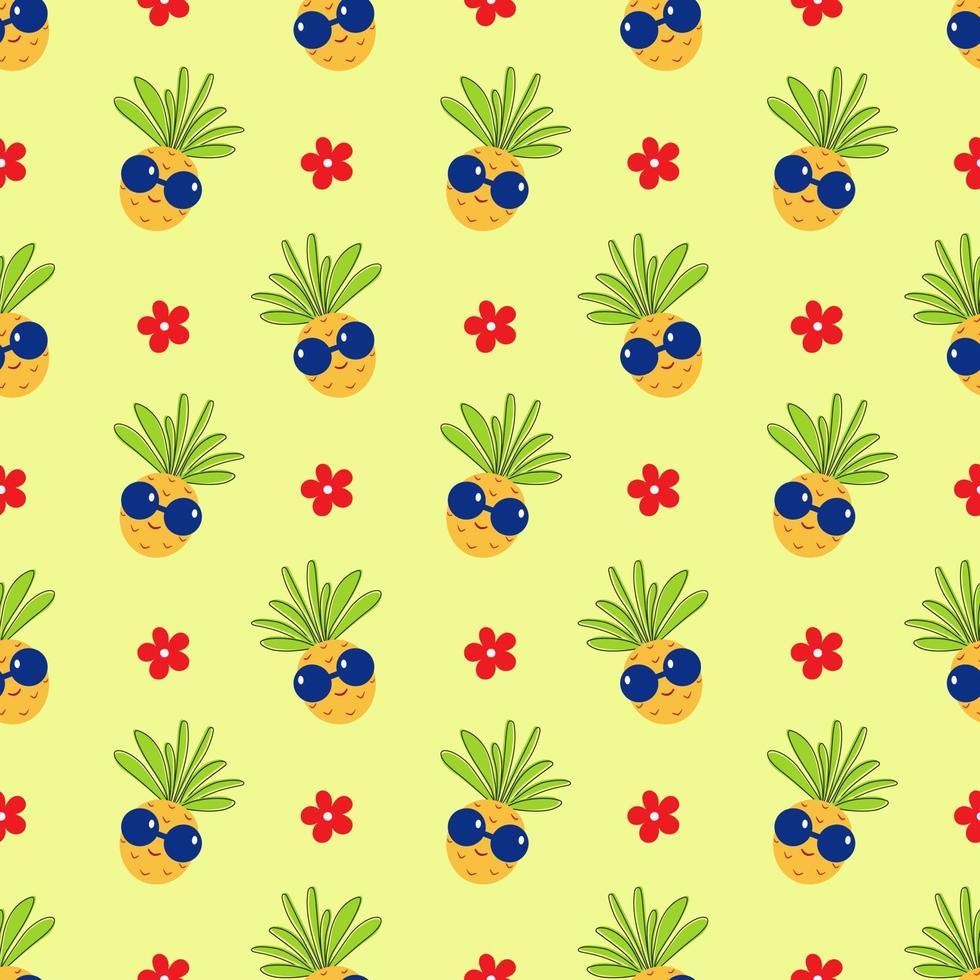 Colorful Pineapple Seamless Pattern Summer Background with Smiling Ananas and Flower vector