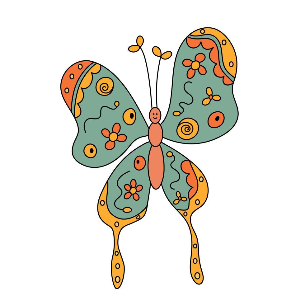 Doodle Retro Happy Butterfly Positive Hippie Design Element vector