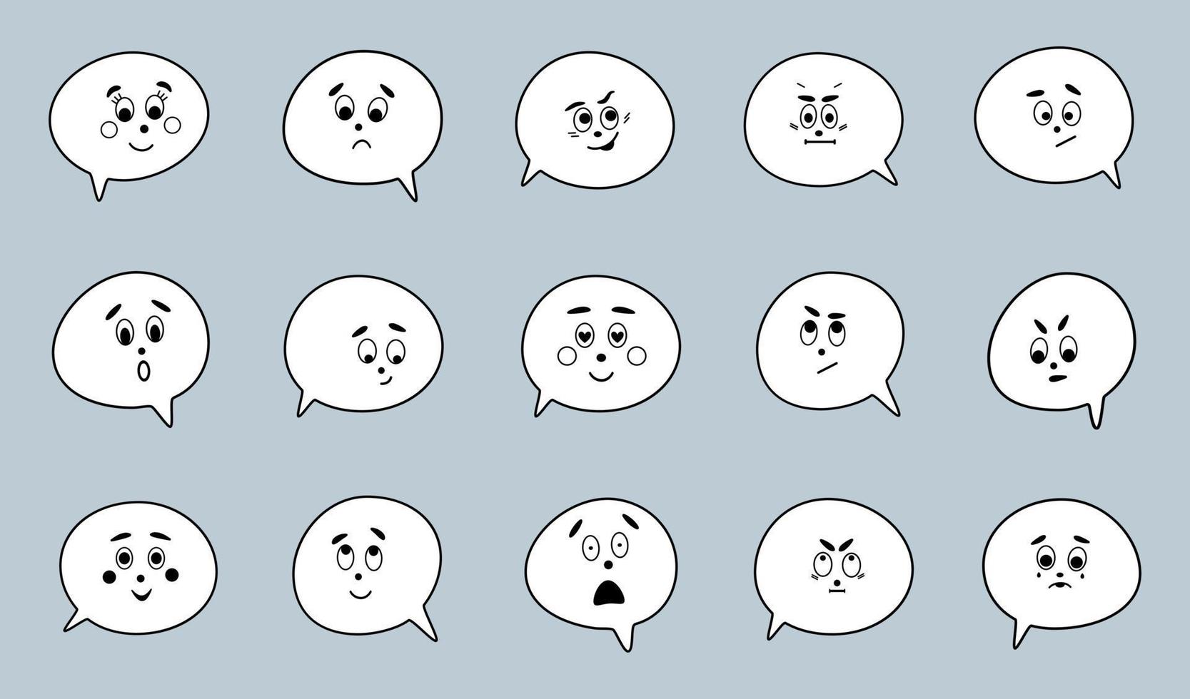 Set of Comic Speech Bubbles with Different Emotions in Doodle Style Thinking Clouds with Cartoon Face Emoji Symbol vector