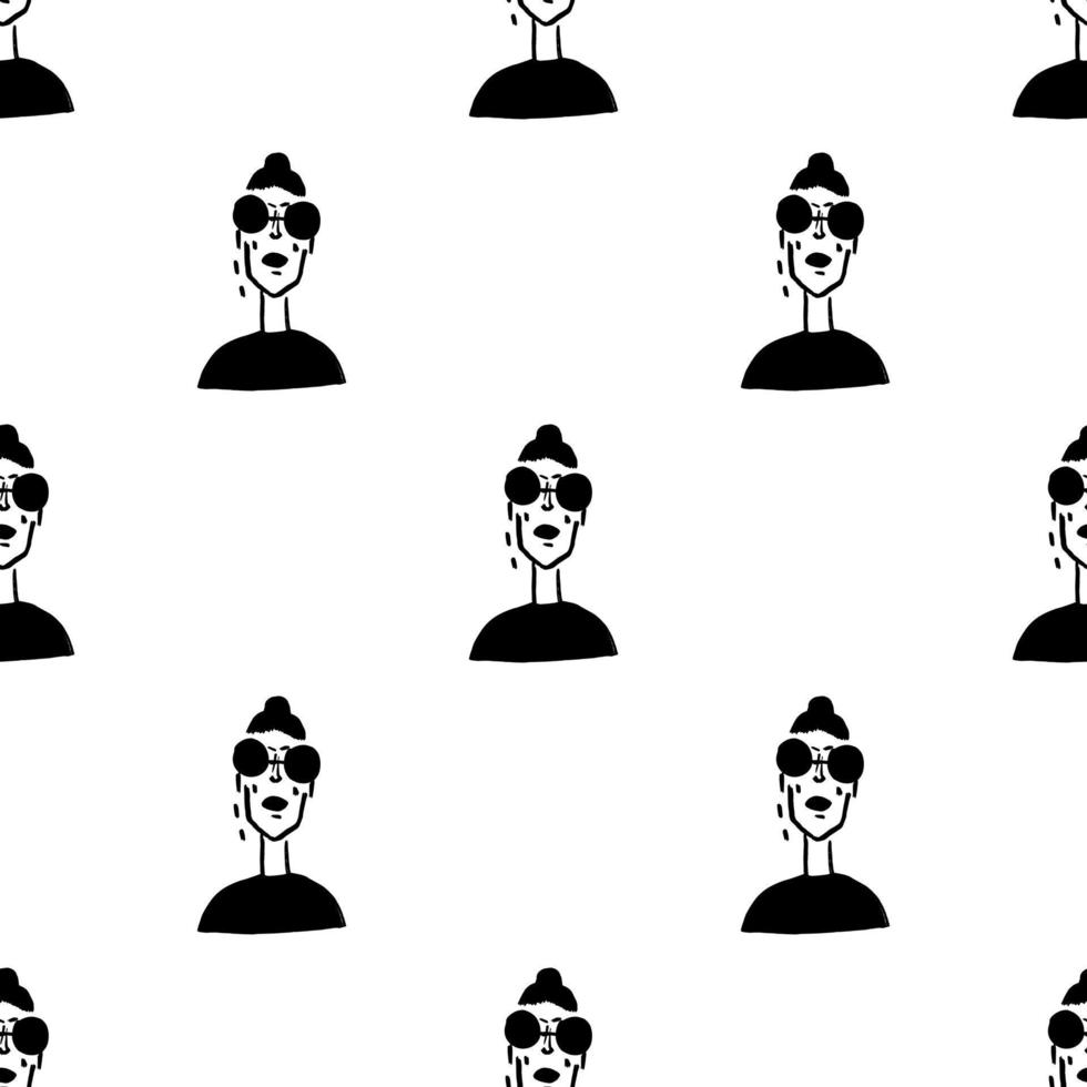 Seamless Pattern with Portrait of Strong and Confident Girl Fashion Background with Hand drawn Woman Face vector