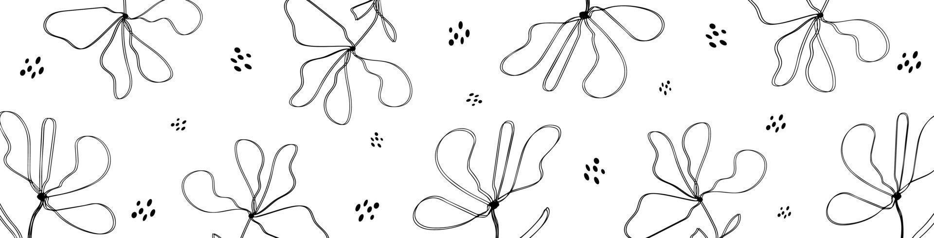 Elegant Horizontal Background with Beautiful Hand Drawn Flowers and Dots Monochrome Floral Banner vector