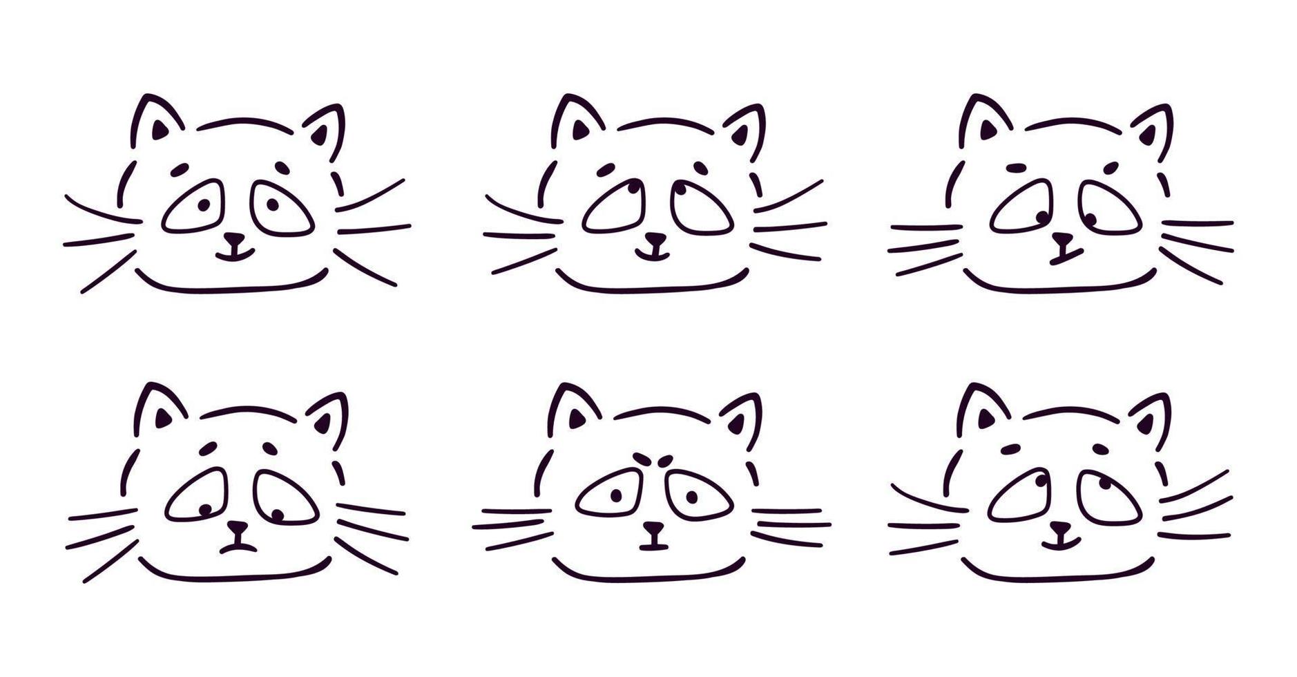 Set of Handdrawn Cat Faces with Different Emotions Lineart Doodle Style vector