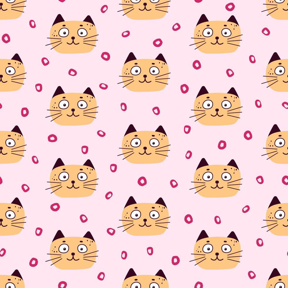 Cute Cats Seamless Pattern Colorful Kid background with sweet kitten faces vector
