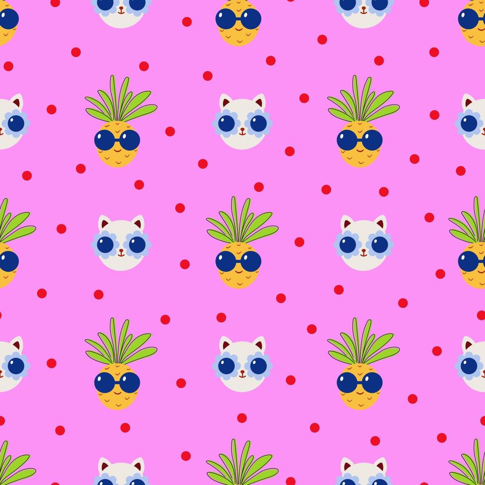 Seamless Pattern with Happy Cat and Funny Pineapple Summer Colorful Background Flat style vector