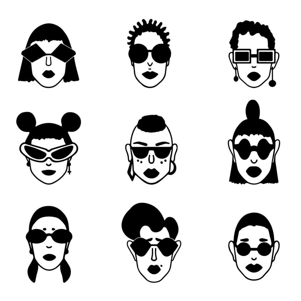 garabato, conjunto, de, mujer, caras, handdrawn, niñas, retratos, en, gafas de sol vector