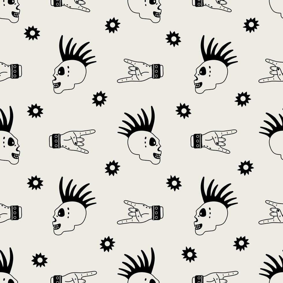 Seamless Pattern with Funny Skull Gesture Hand Star Rock Music Background Doodle Style vector