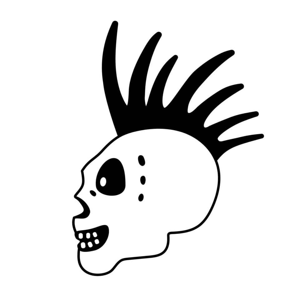 punk rock sonriente perfil calaveras garabatos alegres esqueletos cabeza vector