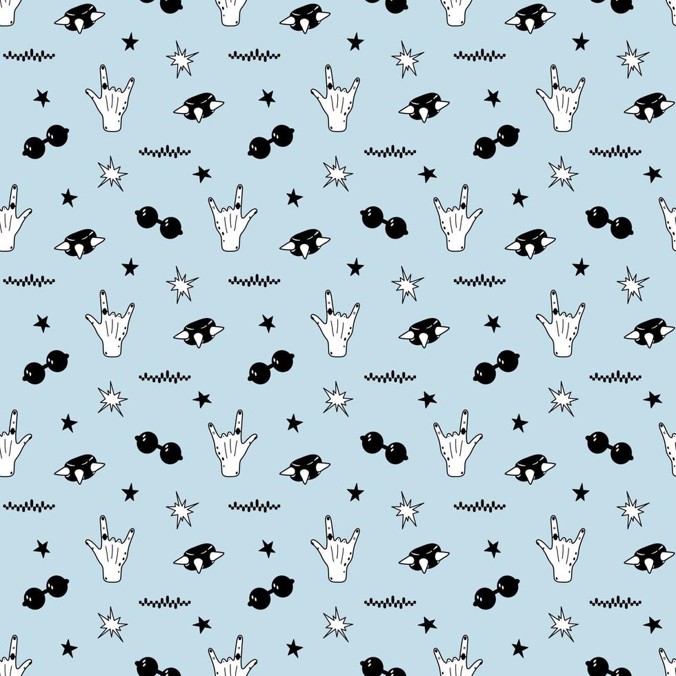 Background with Hand Gesture Bracelet with Spikes Glasses Stars Rock Music Seamless Pattern vector