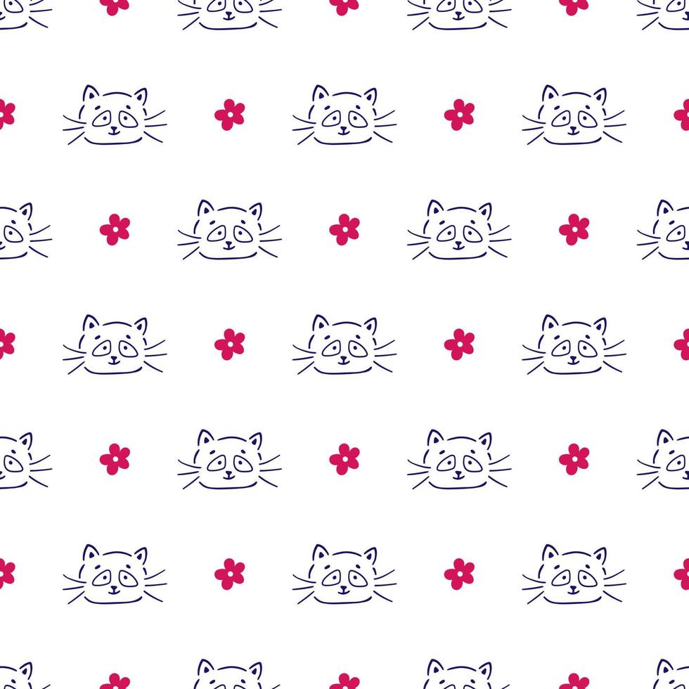 Handdrawn Seamless Pattern with Cute Smiling Cat and Flower Doodle Style Kid Background vector