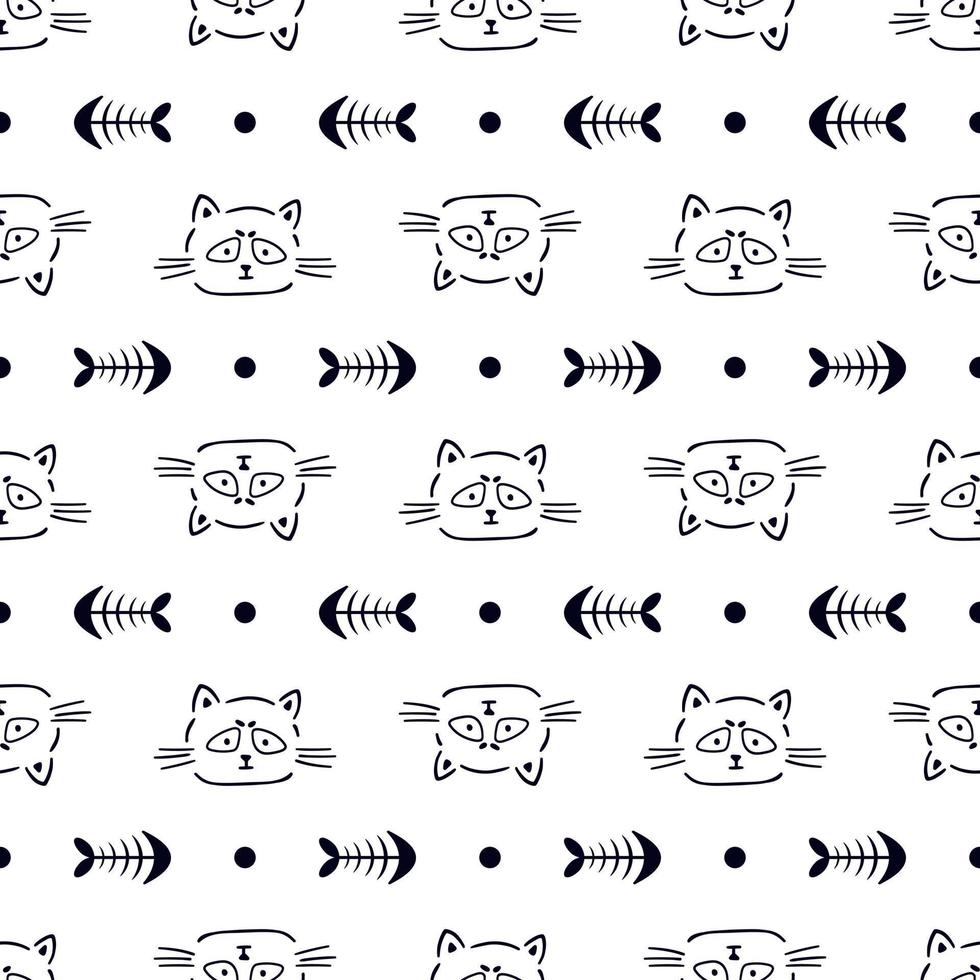 Doodle Seamless Pattern with Cat Fish Skeleton dot Handdrawn Kid Background vector