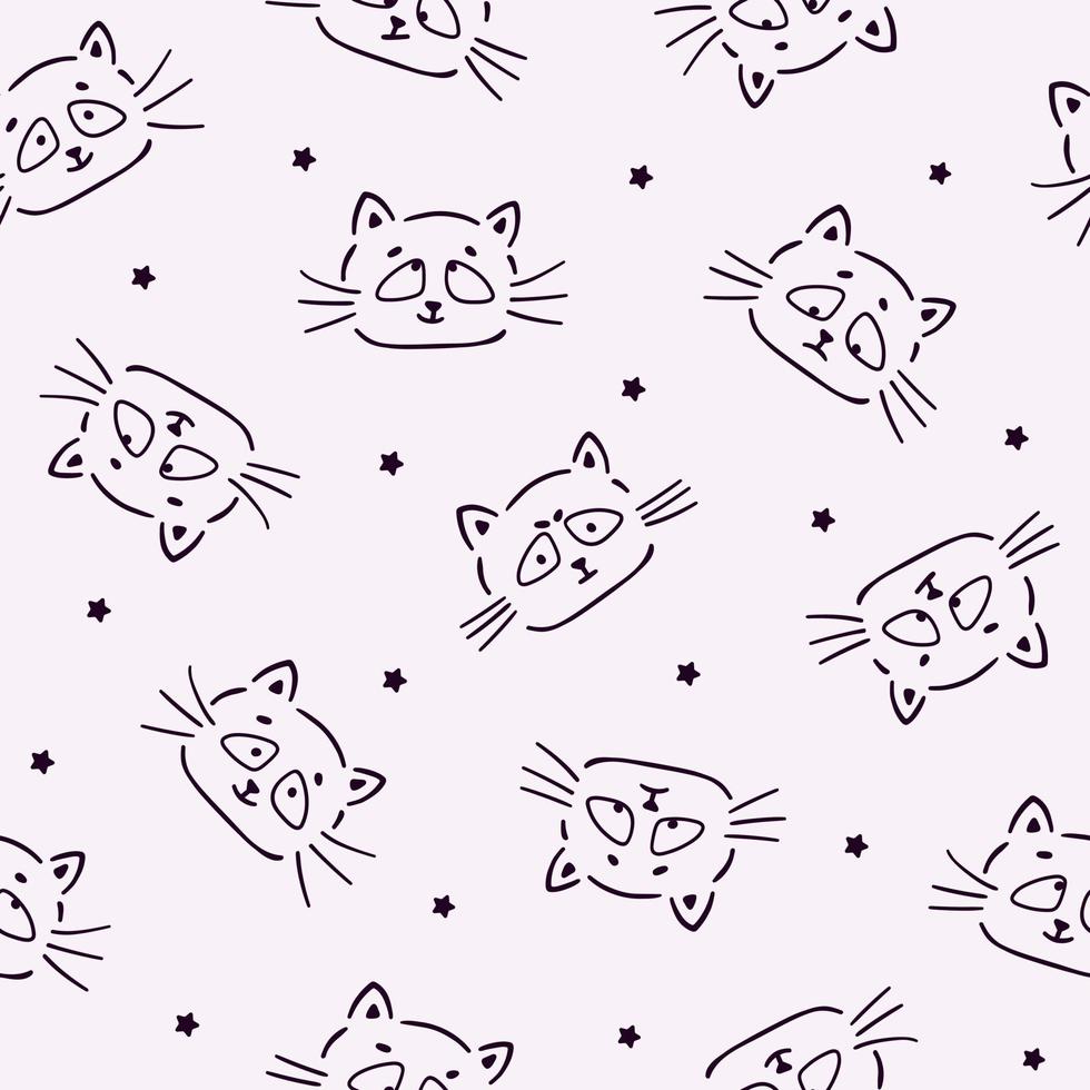Seamless Pattern with Cats Faces and Stars Doodle Style Handdrawn Kid Background vector
