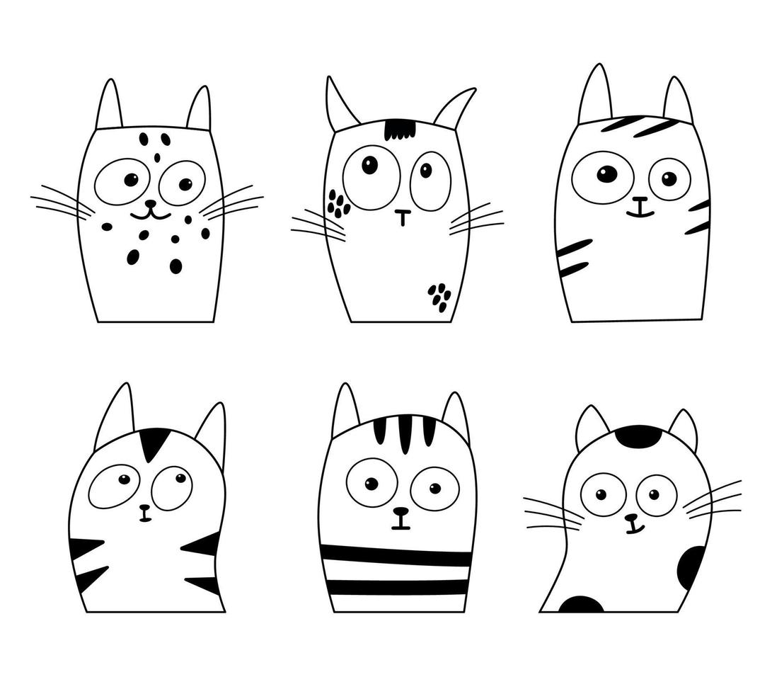 Set of Cute Cat Faces with Different Emotions Doodle Style Sweet Outline Kittens vector