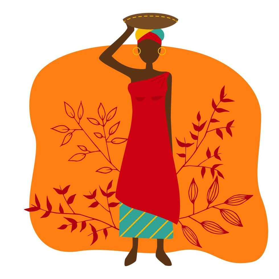 Colorful vector illustration of tanzania girl. African woman with leaves on the orange background.