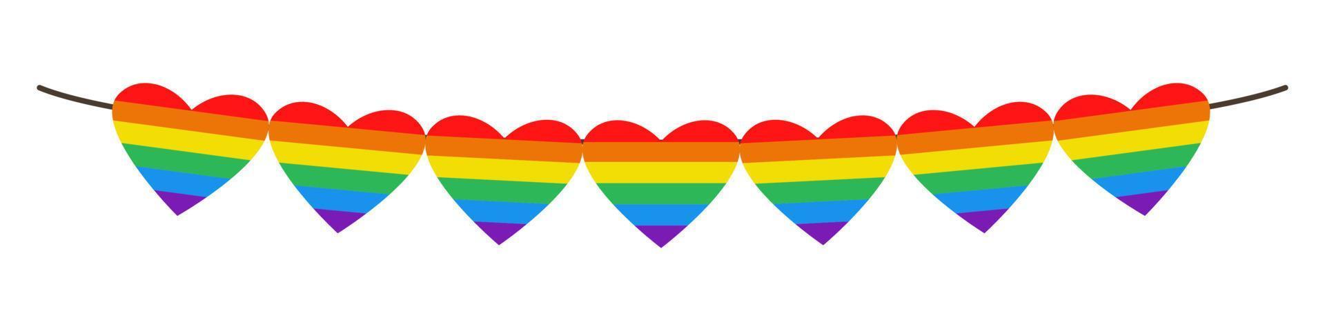 Vector garland of heart shaped flags. Colorful rainbow bunting. Pride month. LGBTQ Plus.