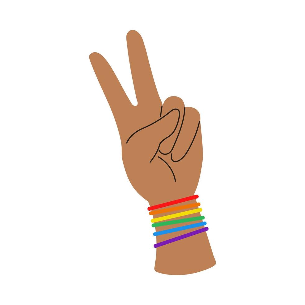 Vector victory dark skinned hand with rainbow bracelet. Sign of victory or peace. LGBTQ Plus clipart. Pride month.