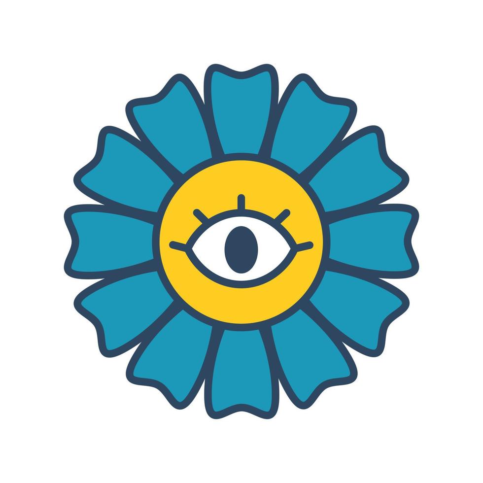 Vector flower with eye. Retro flower with blue petals. Flower with eye in center. Psychedelic. Outline.