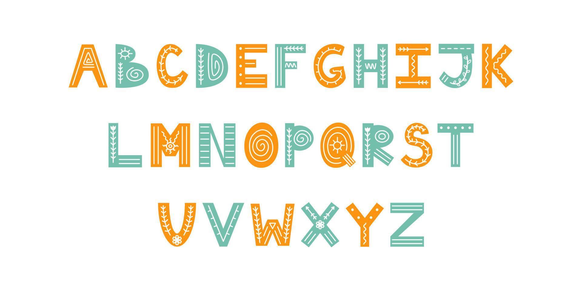 colorido alfabeto adornado escandinavo con flores y líneas. fuente popular con letras en inglés. alfabeto latino en estilo escandinavo. vector