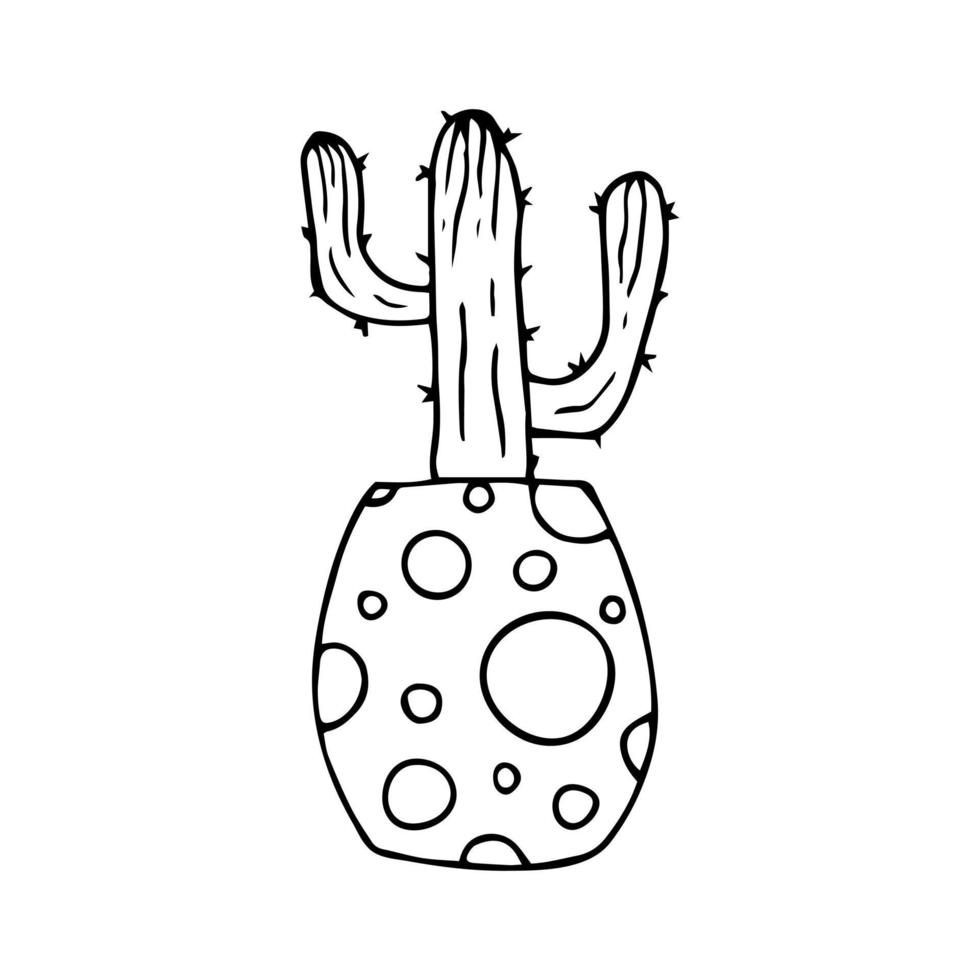 Hand drawn doodle cactus. Vector succulent in pot. Houseplant. Outline.