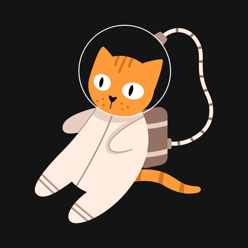Vector cute cat in space. Cat astronaut in flat design. Funny animal flying in the galaxy.