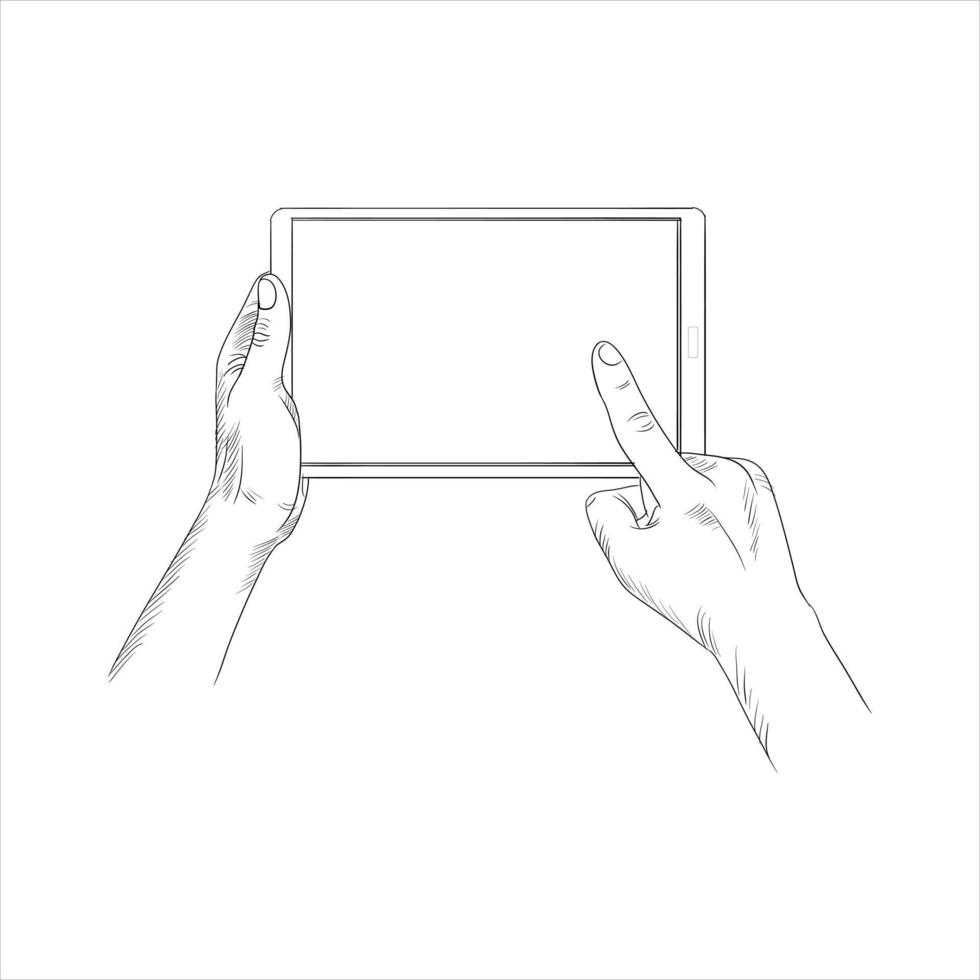 Tablet with hands sketch drawing illustration. Hand holding a tab mobile in sketch. Hand touching on tab screen in sketch illustration. vector