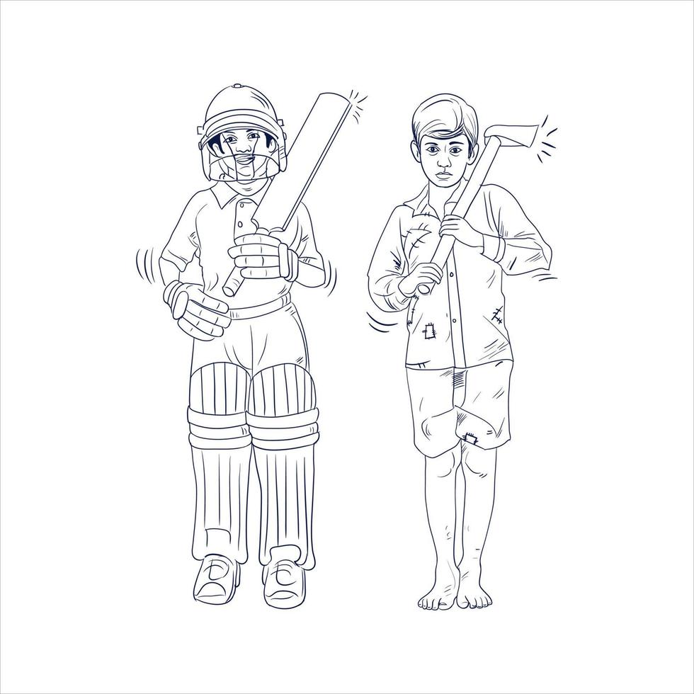 Child labor day concept in line art drawing sketch illustration. Poor vs rich kid concept. labour day creative concept illustration. Cricketer vs woodcutter idea. build children's future. vector