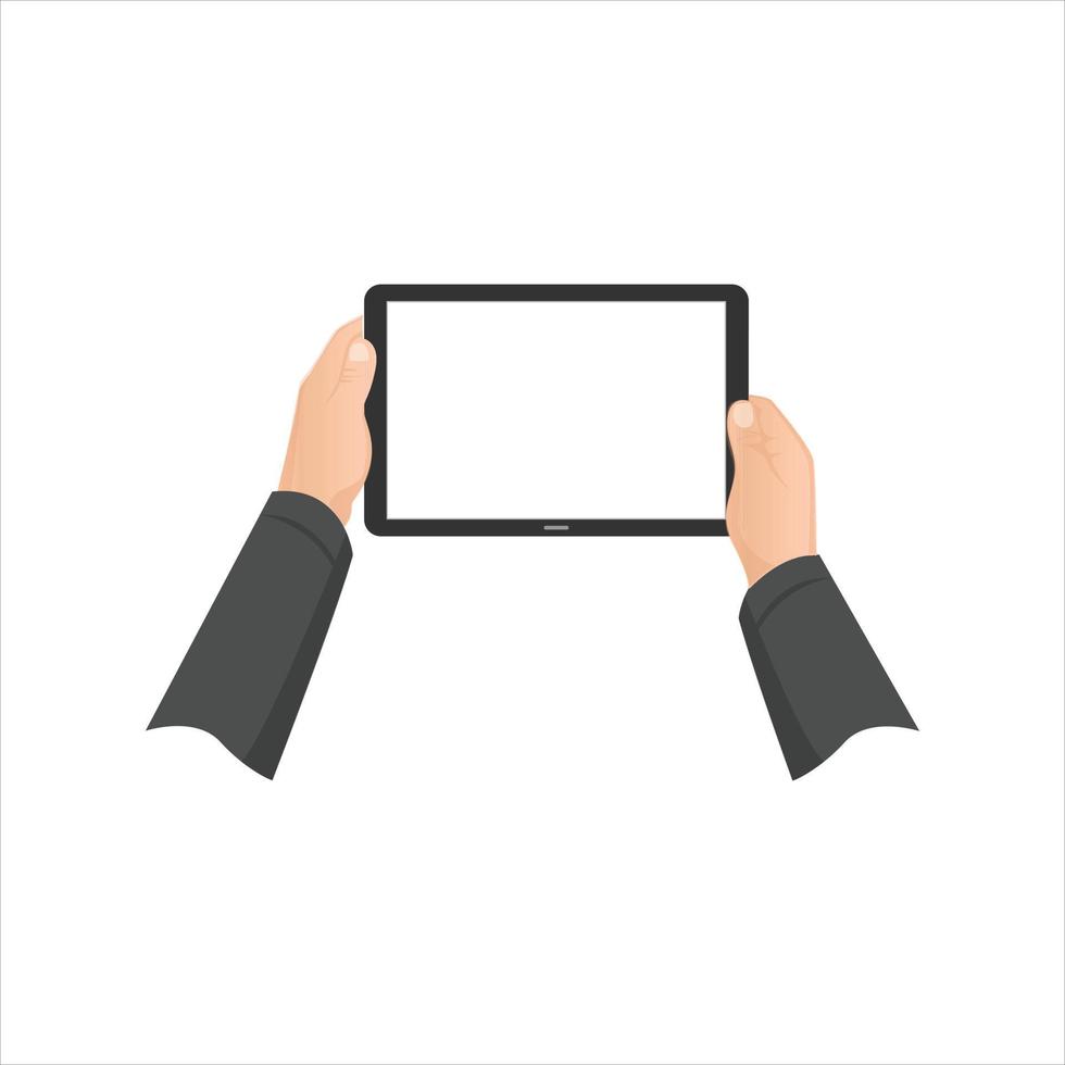 Tablet in hand flat illustration. Hand holding black tablet and touching tablet screen. Man holding Tab smartphone. Online payment by Table computer holding in hand. tablet in male hands. iPad in hand vector
