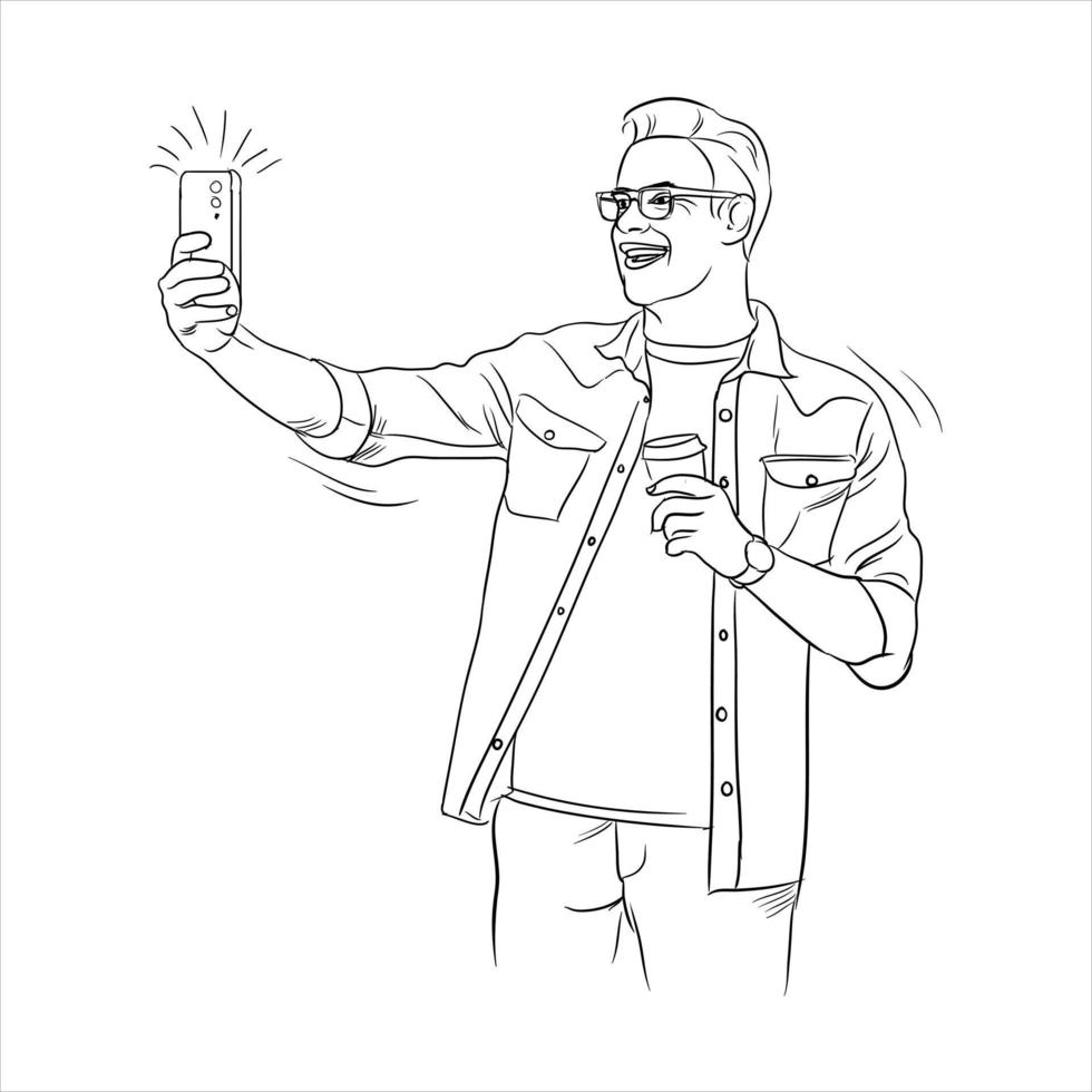 oExcited Happy young man game winner with smartphone line art drawing vector illustration. Succesful gamer. Winning moment.