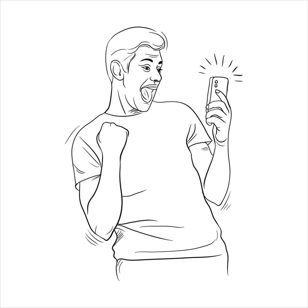 oExcited Happy young man game winner with smartphone line art drawing vector illustration. Succesful gamer. Winning moment.