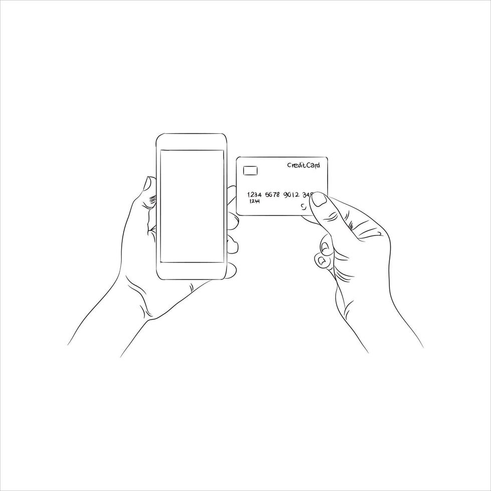 smartphone en mano con tarjeta. mano que sostiene el teléfono inteligente y la tarjeta de crédito. concepto de pago en línea. hombre con tarjeta de crédito y saldo de cuenta corriente de teléfono. pago y banca móvil en línea. boceto de arte vector