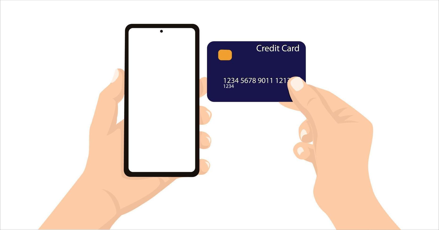 Smartphone in hand with card. Hand Holding smartphone and credit card. Online payment concept. Man Holding Credit Card and Phone Checking Account Balance. Online mobile banking and payment. vector