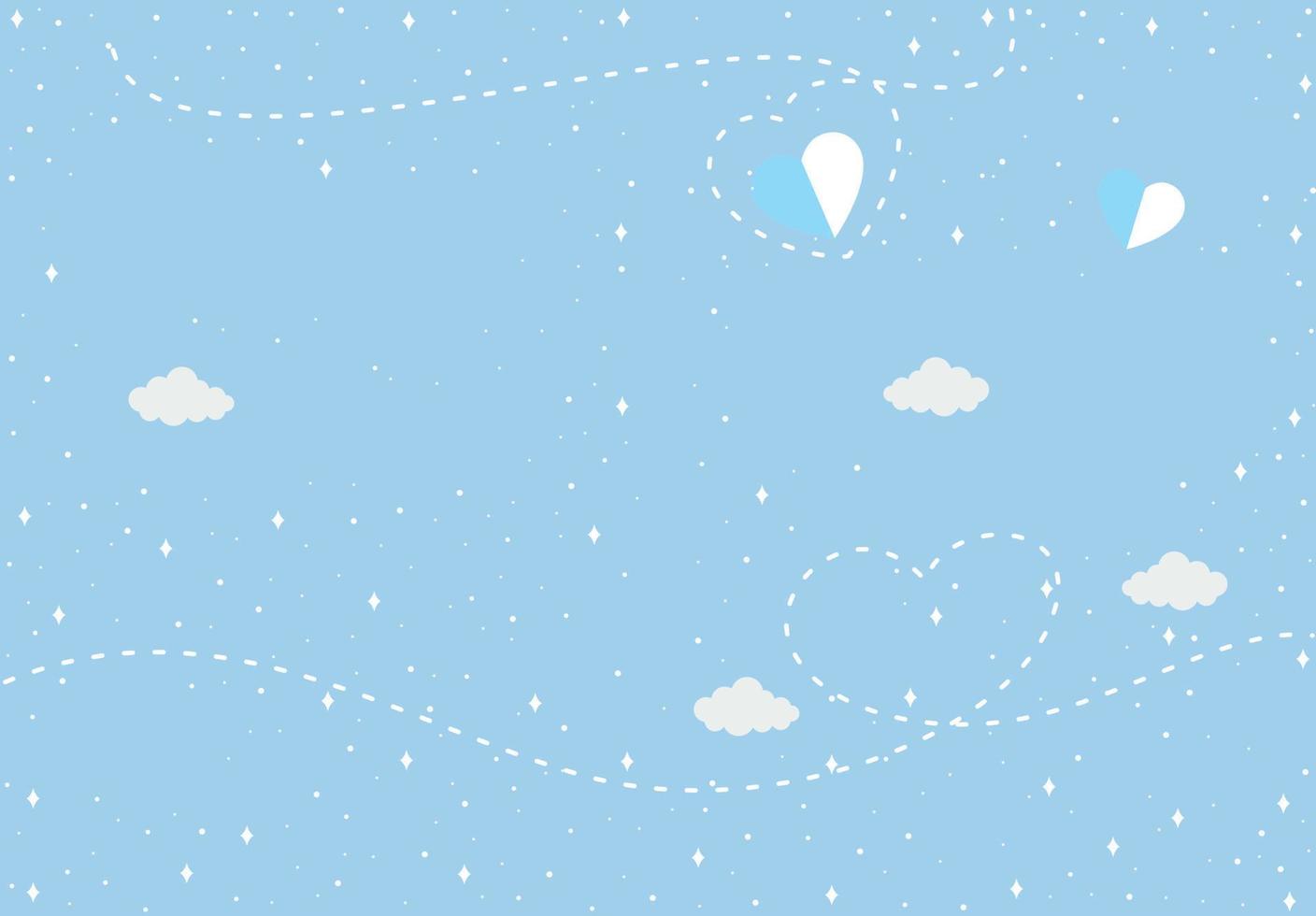 fondo de amor con nubes azules, estrellas y corazones seguidos de rayas vector