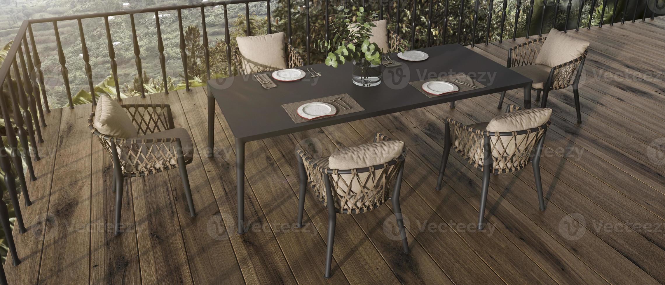Modern interior design balcony with dining table. Home outdoor terrace 3d rendering illustration with nature view background. Web banner. photo