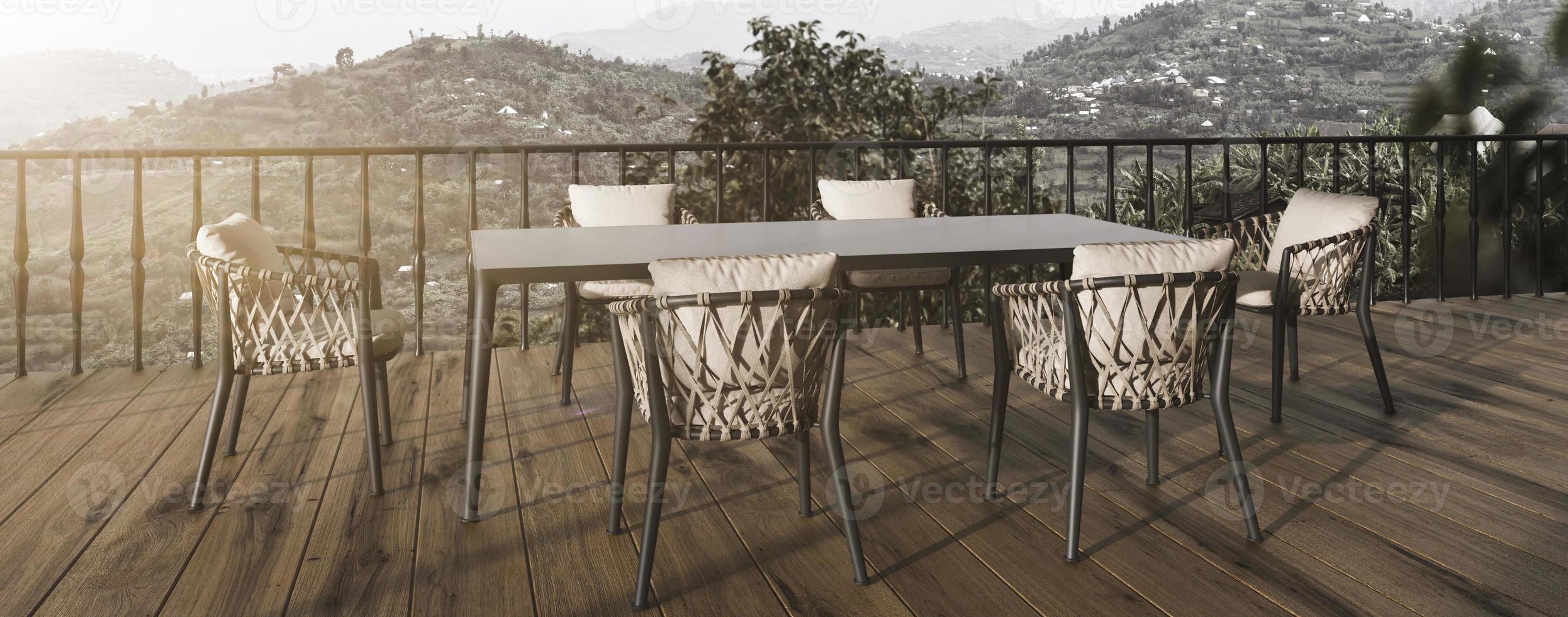 balcón de diseño interior moderno con mesa de comedor. ilustración de representación 3d de la terraza al aire libre de la casa con fondo de vista de la naturaleza. banner web foto