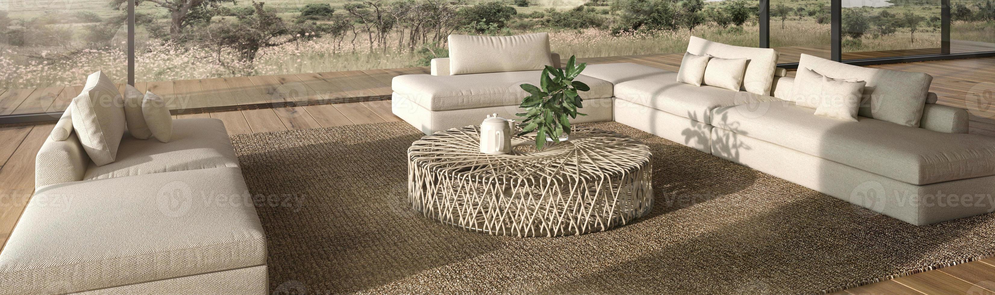 Modern interior design open space outdoor terrace background. Large windows and nature view. 3d rendering illustration house. Web banner. photo