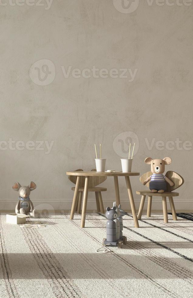 Children room interior scandinavian style. Mock up on wall background. Kids farmhouse style 3d rendering illustration. Table with chairs and toys. photo