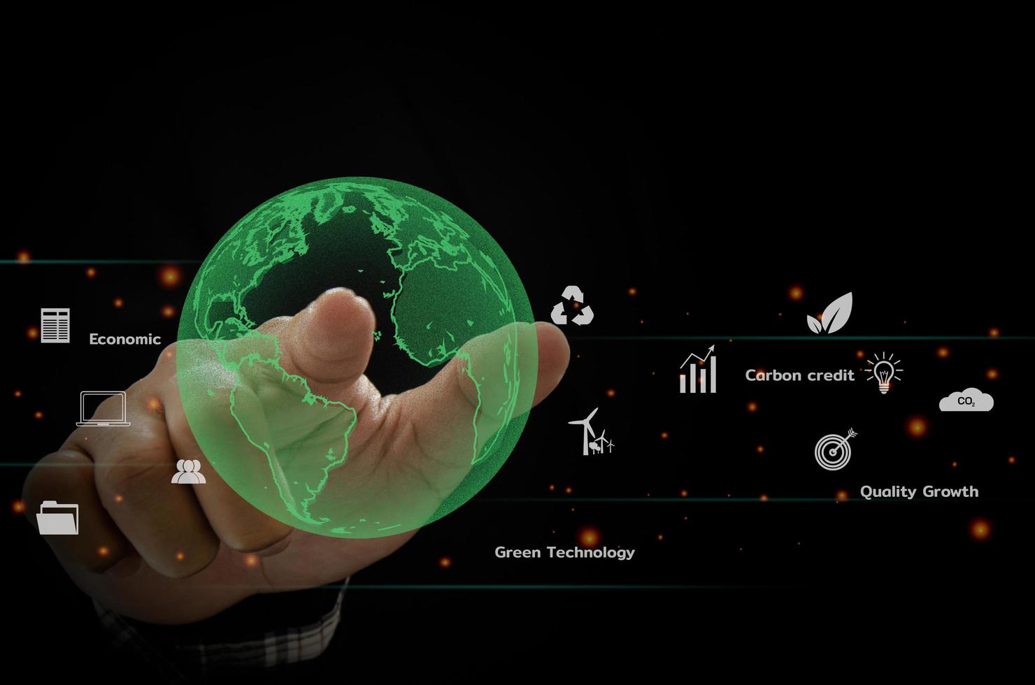 Green Globe hand carbon emissions and environmental protection, the future uses the technology of resources to reduce pollution.ESG business concept. photo