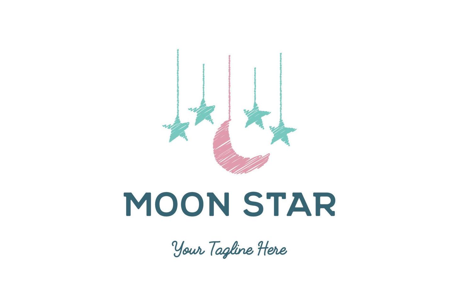 Cute Scribble Lovely Hanging Moon Star Logo Design Vector