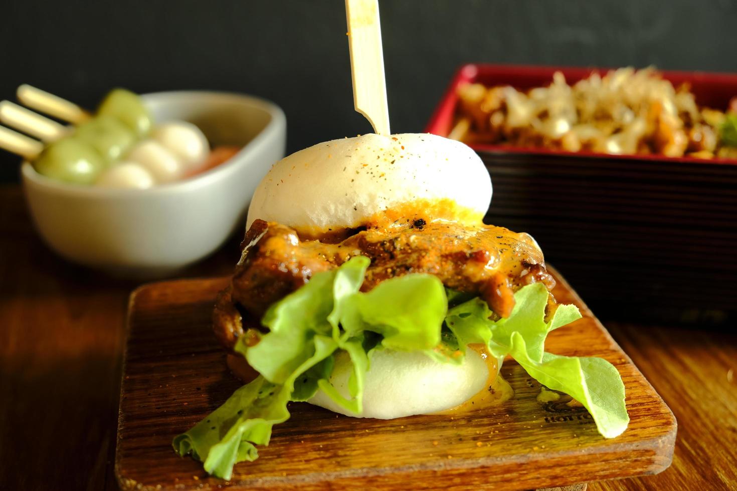 Hirata buns. Japanese steamed buns filled with pork chashu, tempura