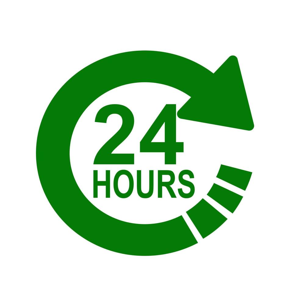 Green color of 24 Hours sign icon on white background. vector