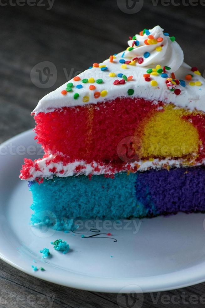 Slice of Happy rainbow cake with white icing and sprinkles photo